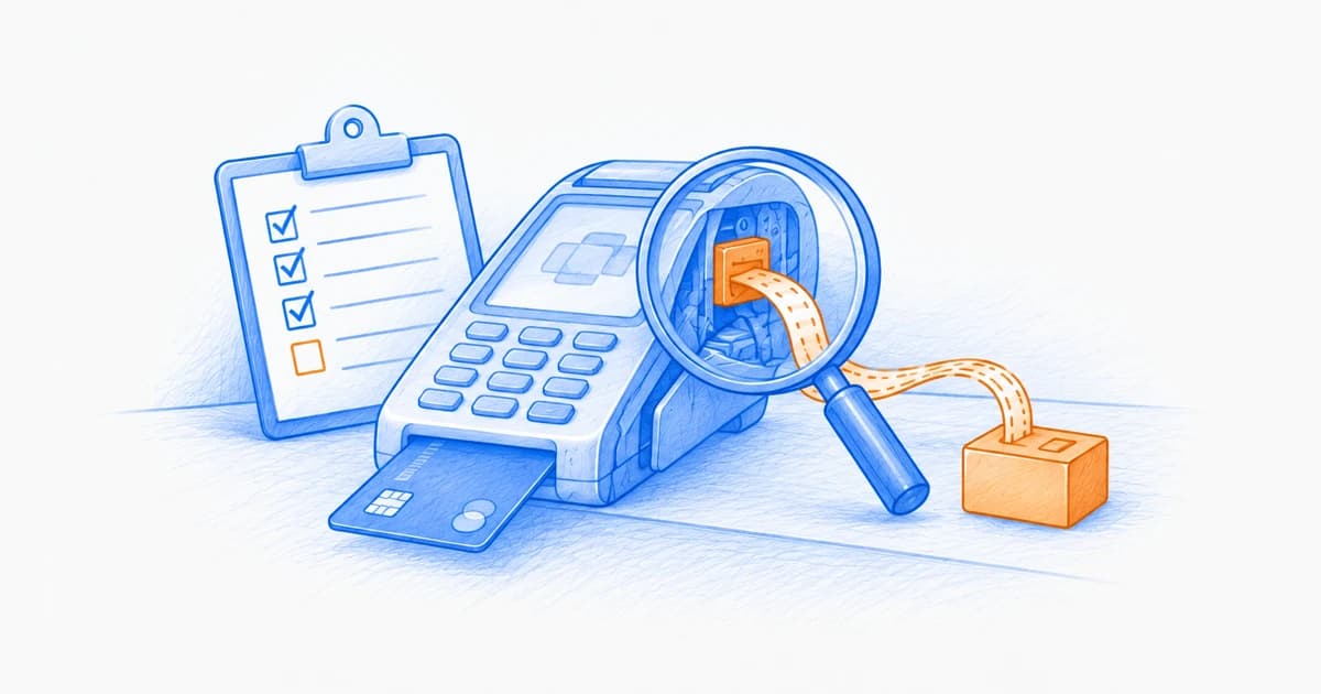 Blue illustrated checkout terminal and inspection lens revealing an orange diversion to a collection box, beside a script-review clipboard.