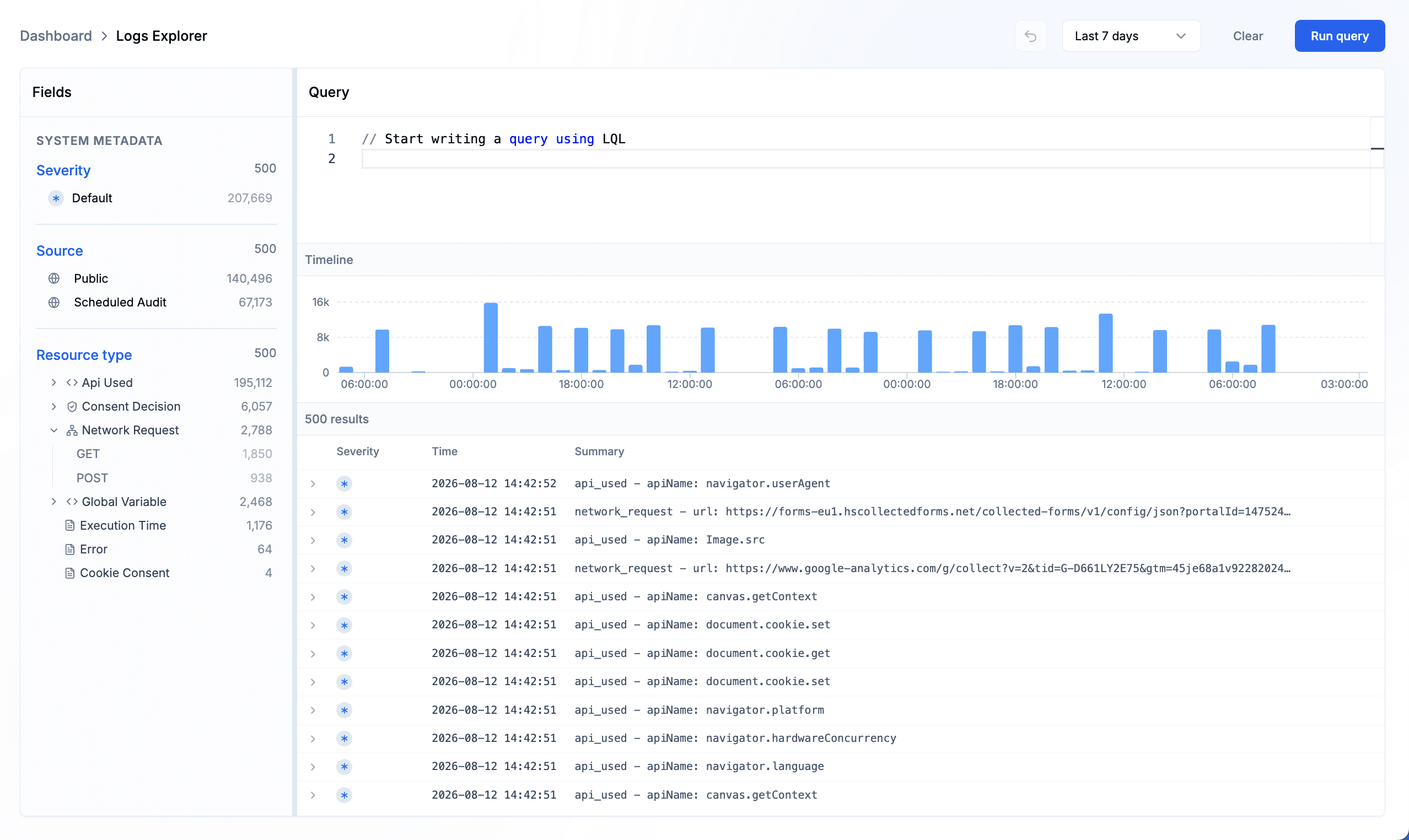 Logs Explorer results showing browser API use and network request events