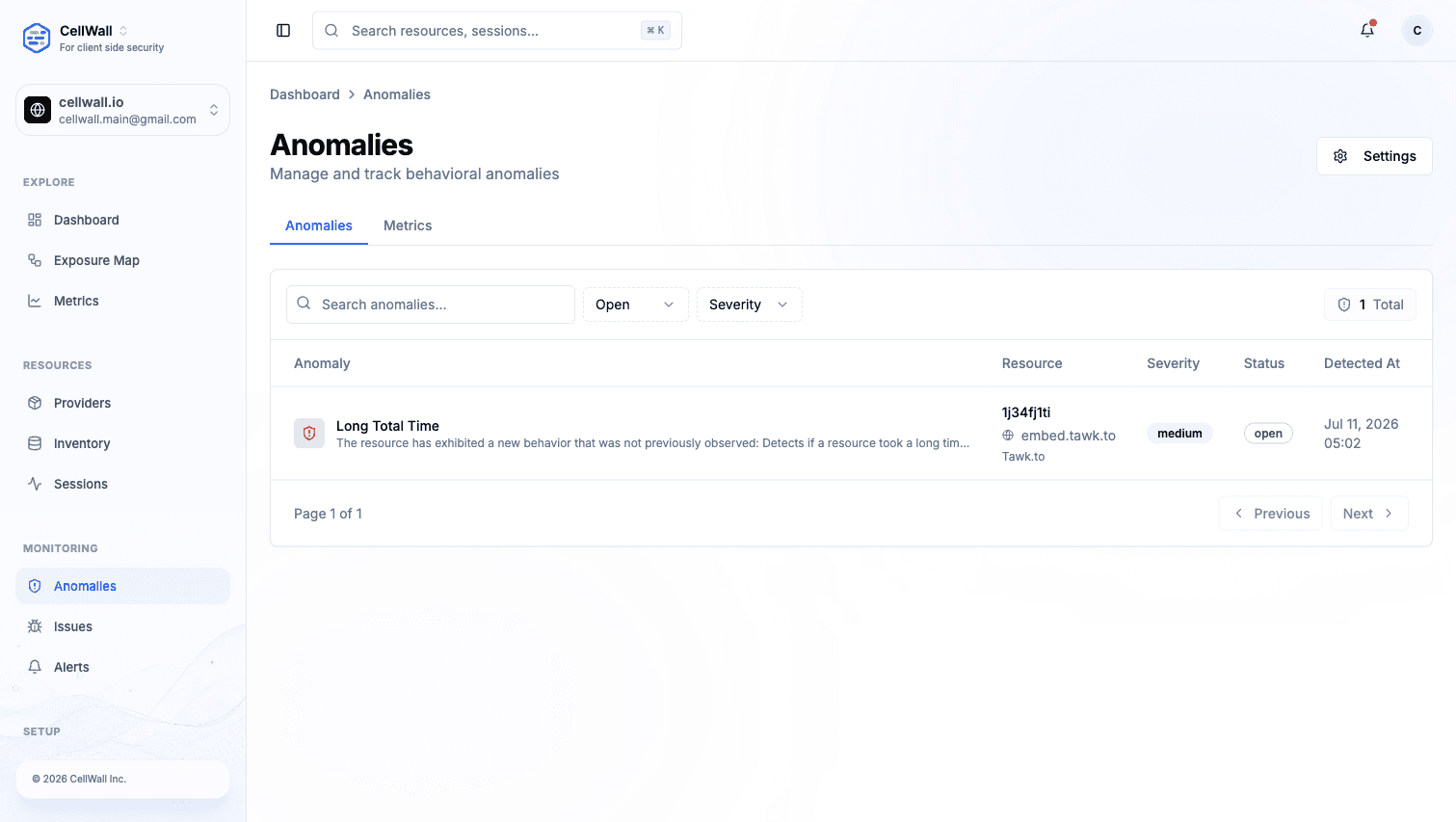 Detected behavioral changes organized by affected resource, severity, and status.