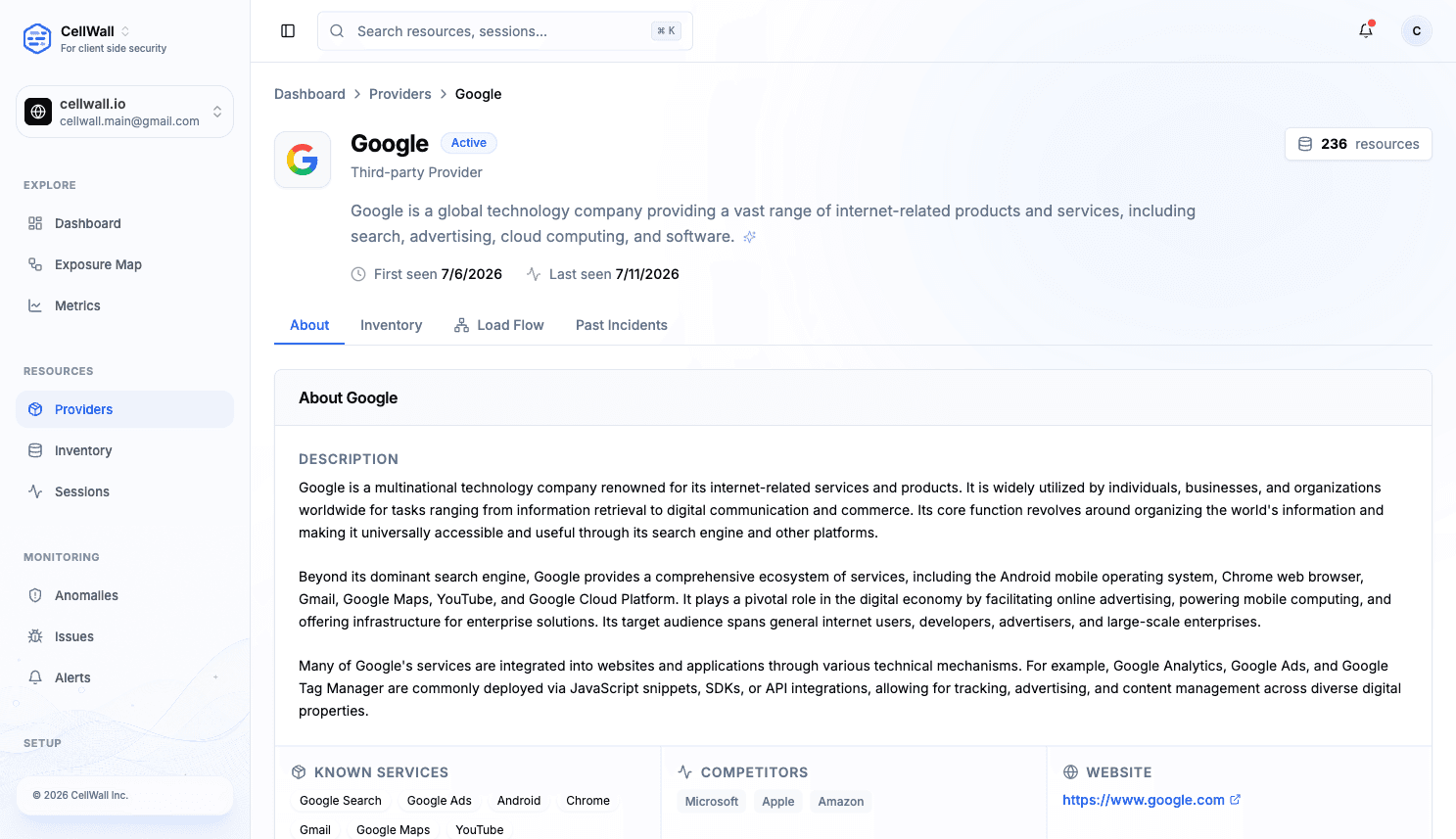 A provider profile with observed presence, product context, and related services.