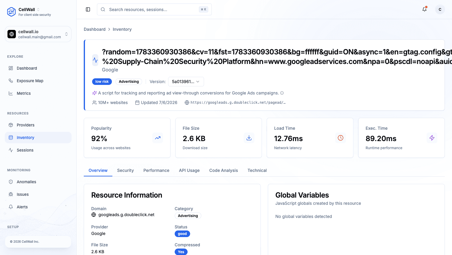 A resource profile with observed performance, browser access, and technical context.